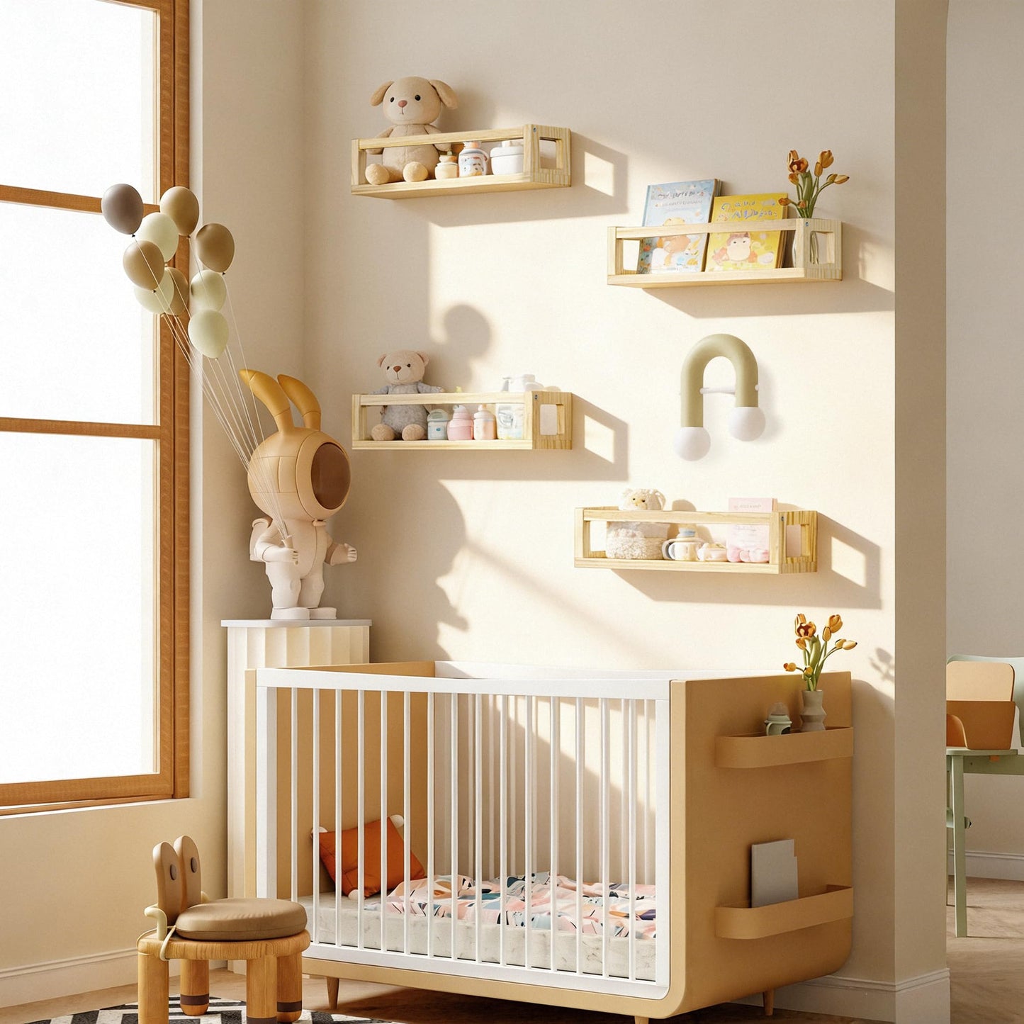 Picrit Set of 4 Natural Solid Wood Nursery Floating Shelves - Decorative Wall-Mounted Kids Bookshelf for Toy Storage & Book Display in Playroom or Kids Room, Durable Organizer