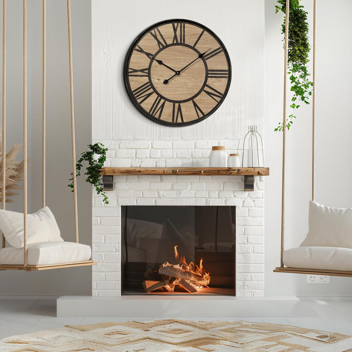 Large Wall Clock for Living Room Decor, Non Ticking Silent, Battery Operated Modern Vintage Wood Oversized Decorative Wall Clock for Bedroom Kitchen Farmhouse Office Decor