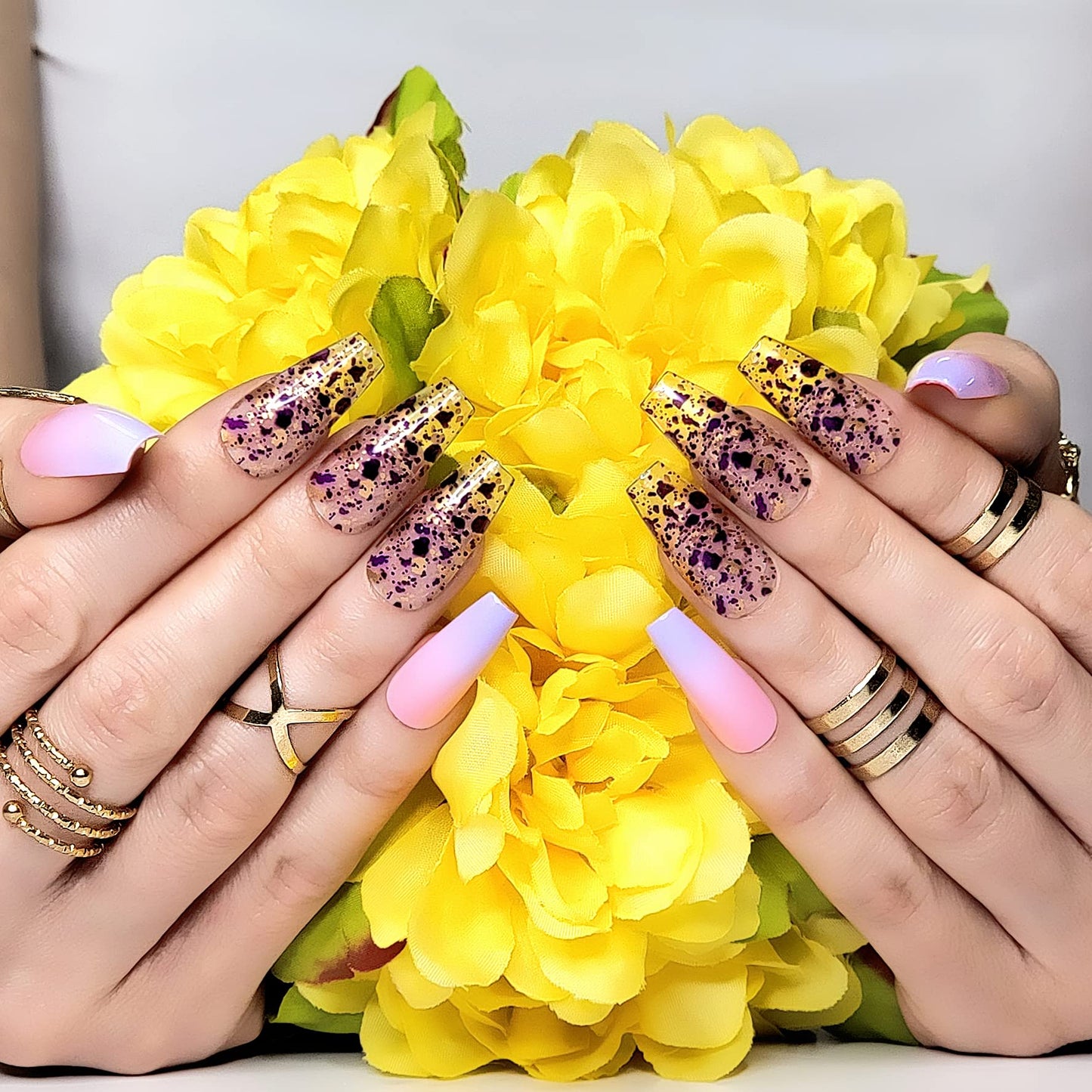 Hypnaughty Rio 24pcs Long Coffin Press-on Nails, Pink to Purple Ombre with Transparent Gold Design, ABS Material, Full Set with Glue