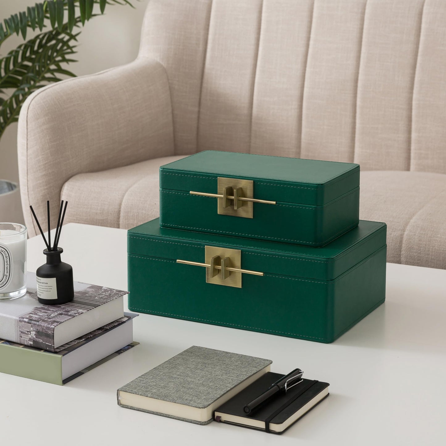 Soul & Lane Faux Leather Decorative Boxes with Lids for Home Decor, Set of 2 Stacking Hinged Boxes for Coffee Table and Living Room Shelves, Remote Control Holder, Emerald Green