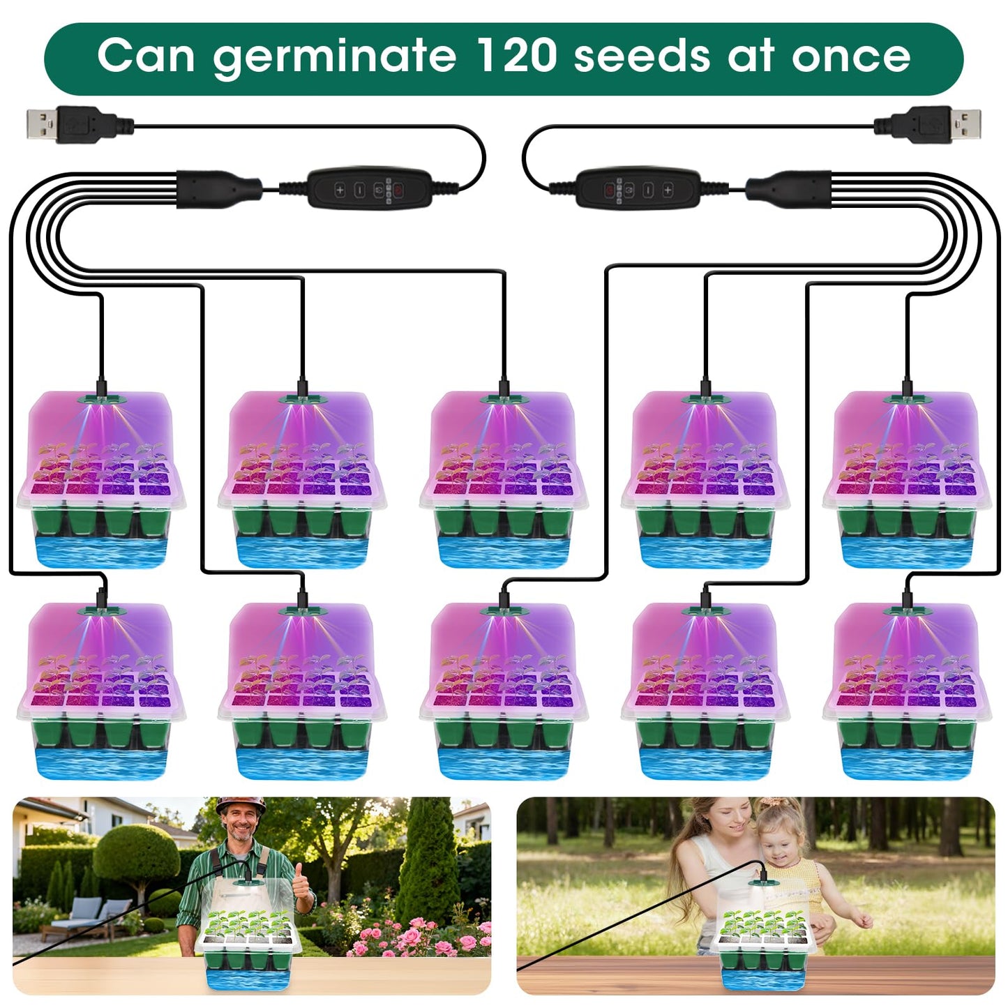 MQHUAYU Self Watering Seed Starter Tray with Grow Light, 10-Pack 120-Cell Reusable Seed Starter Kit with Soft Silicone, Plant Germination Trays with Humidity Dome for Seeding Planting Growing