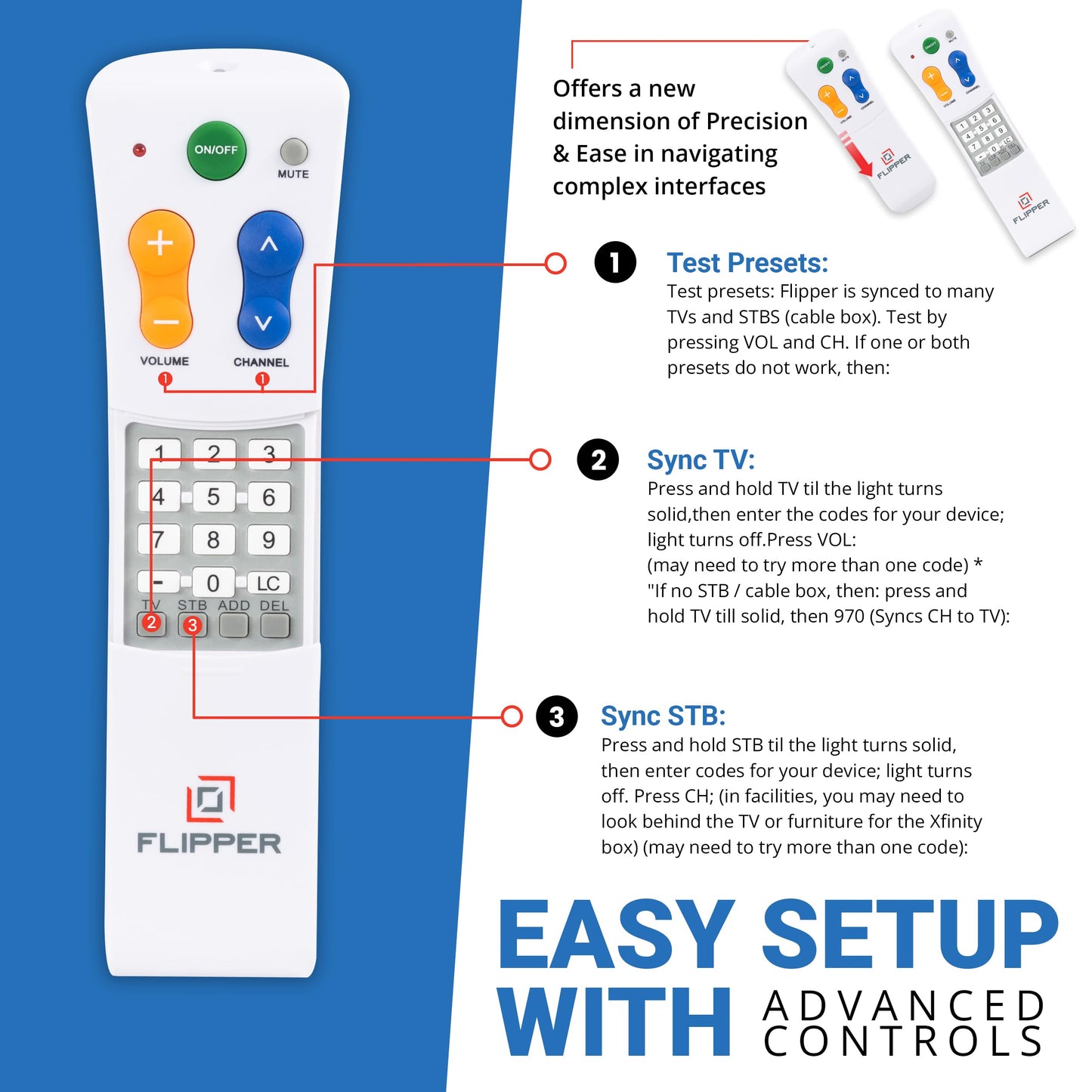 Flipper Big Button Universal TV Remote for Seniors, Dementia - Works Both TV Only or TV & Cable (STB) Set Up - Favorites, IR Devices Spectrum, Xfinity, Samsung, Vizio, LG [Does not Work Streaming]