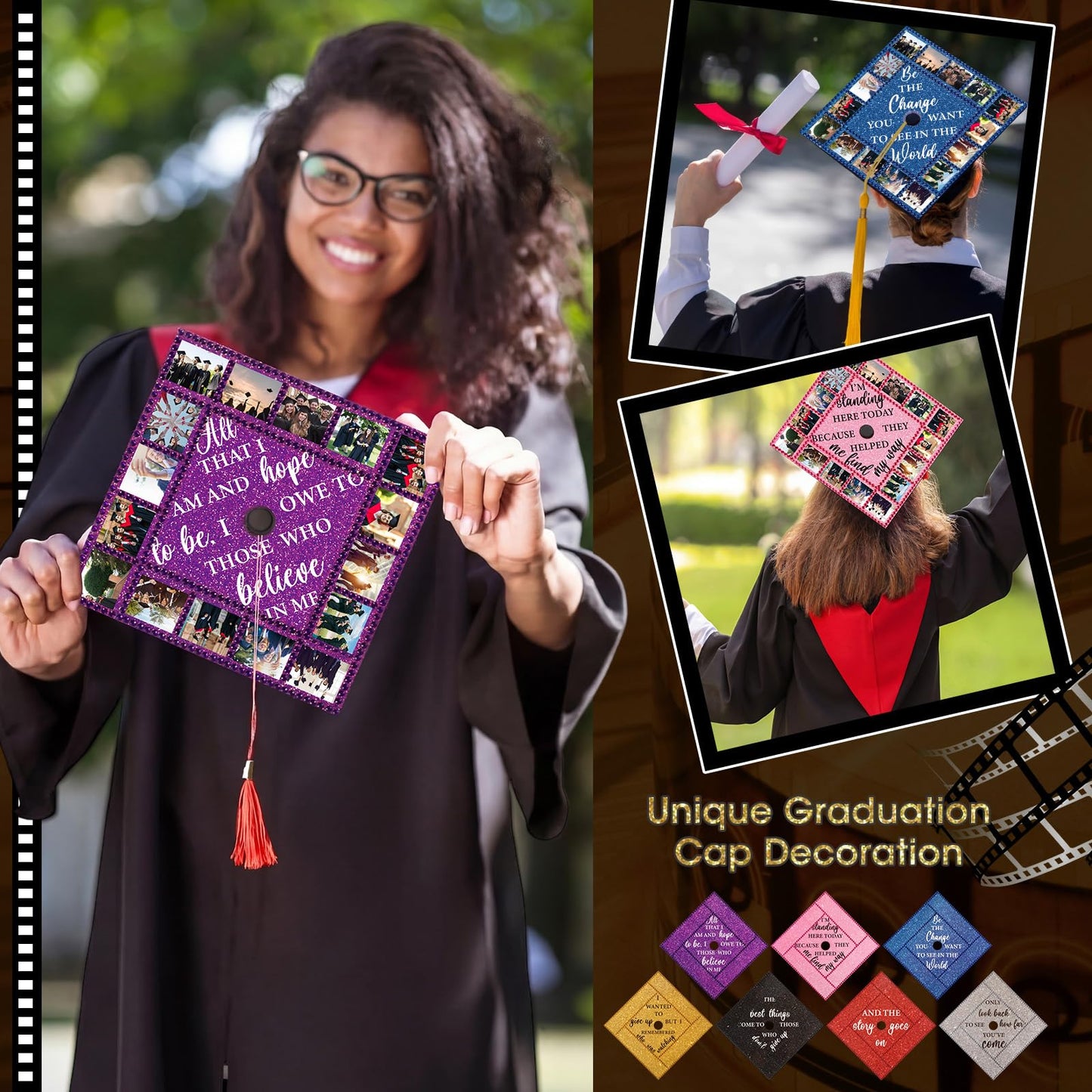 Gersoniel 14 Pcs DIY Photo Graduation Cap Topper Decorations with 7 Sheet Pearl Stickers 2026 Personalized Glitter Printed Design Inspirational Cap Topper Decal for Graduation Craft Accessories Decor