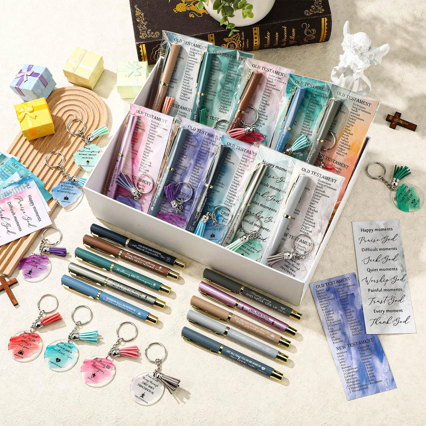 Spakon 20 Sets Mother's Day Christian Gift Bulk Bible Verse Pens Keychains Scripture Quote Bookmarks Inspirational Religious Gift for Mother Women Employee Teachers Bible Study Group(Gel Pen)