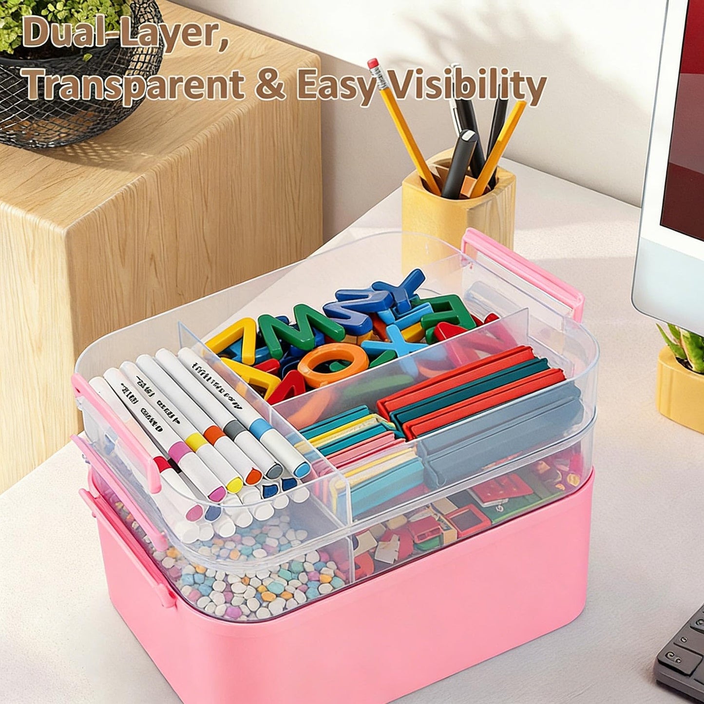 Gifhomfix 3-Layer Plastic Craft Organizers and Storage Box with Removable Trays, Storage Containers with lids and Handle, Art Supply Storage Organizer for Bead, Ornament, Nail Polish, Tape（Pink）