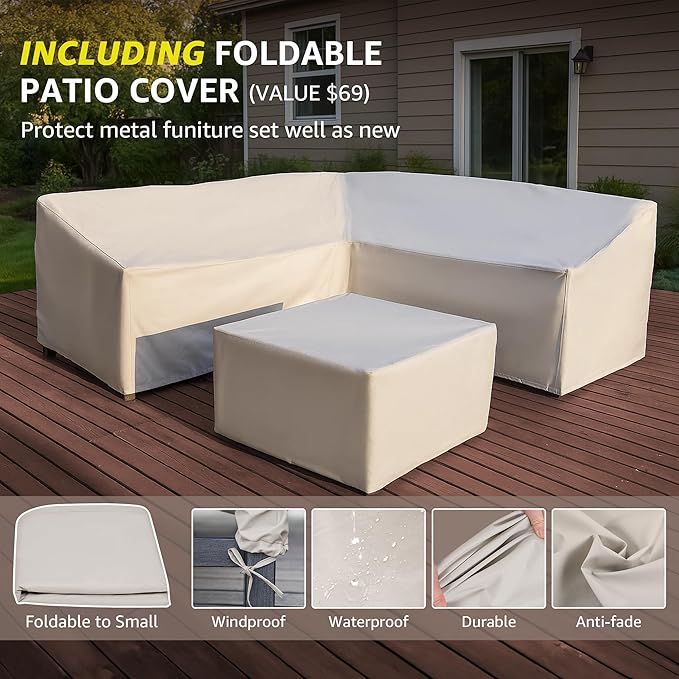 NATURAL EXPRESSIONS 6 Pieces Patio Furniture Sets, Metal Outdoor Sectional Furniture L Shape Patio Conversation Sets,Highback Frame,Metal Table,Large Waterproof Cover, 6.5" Olefin Cushions,Dark Grey