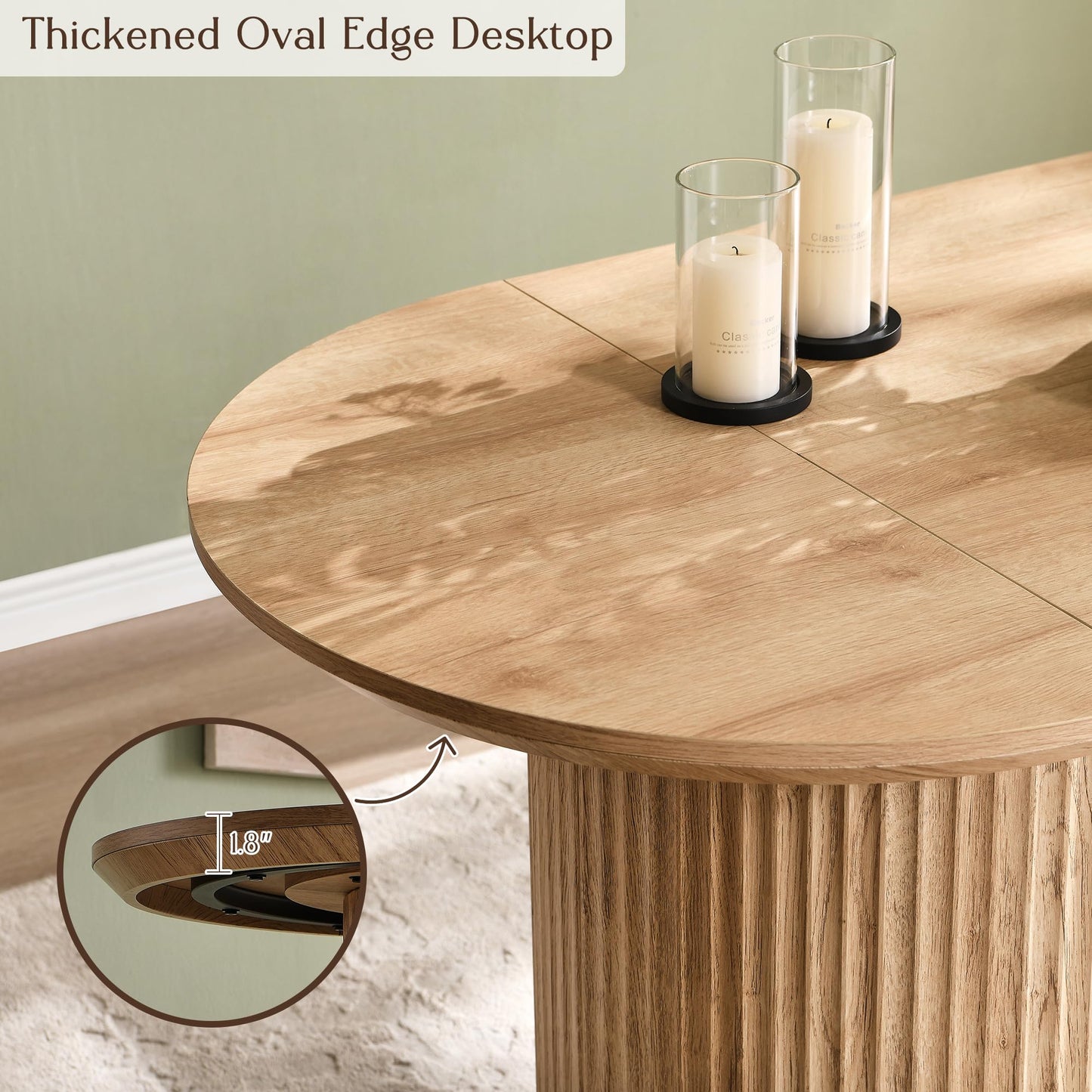 T4TREAM 63" Fluted Oval Dining Table for 4-6, Mid-Century Modern Kitchen Table with Thickened Edge & Semi-Cylindrical Base, Wood Table for Dining Room/Kitchen/Home Office, Natural Oak (Table Only)