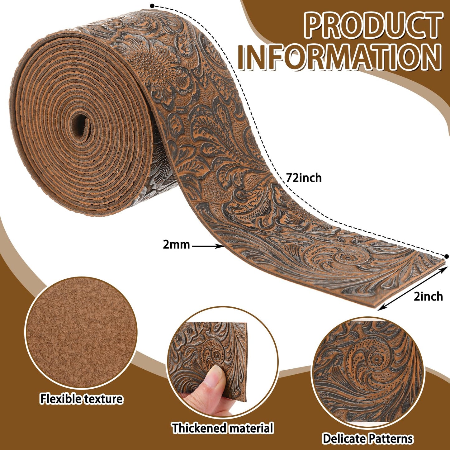72 Inches Embossed Faux Leather Straps for Crafts 2 Inch Wide Vintage Brown Western Style Bump Texture Flat Full Grain Leather Strips for DIY Crafts Projects Bags, Belt, Garden Tools