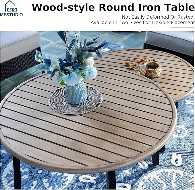 MFSTUDIO Patio Furniture Set, 6 Seats Half-Moon Curved Outdoor Sectional Sofa Conversation Set with 2 Wood-Like Round Table, Woven Rattan Patio Couch for Backyard, Garden, Deck