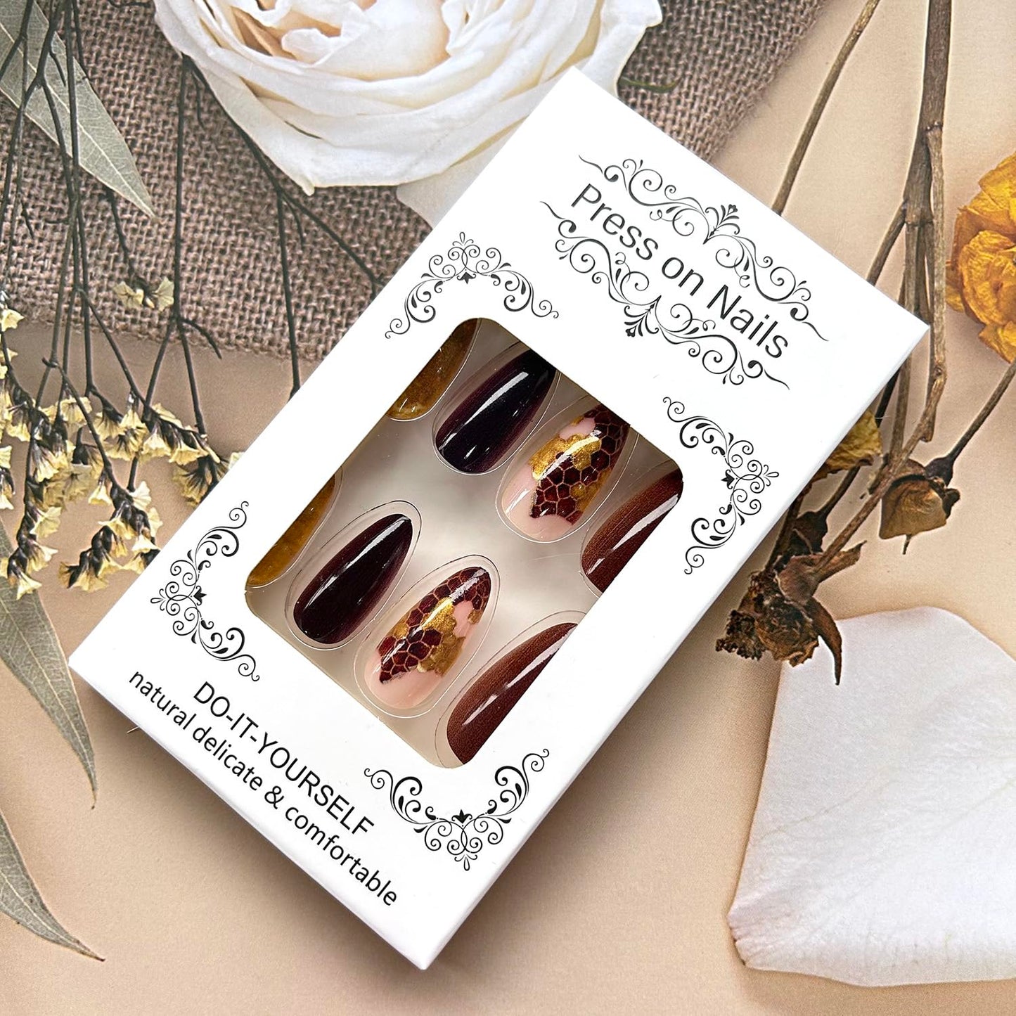 Press on Nails Medium Length Gold Glitter False Nail Honeycomb Pattern Design Full Cover Glossy Artificial Fingernails Brown Acrylic Stick on Nails Reusable Almond Shaped Glue on Nails for Women 24Pcs