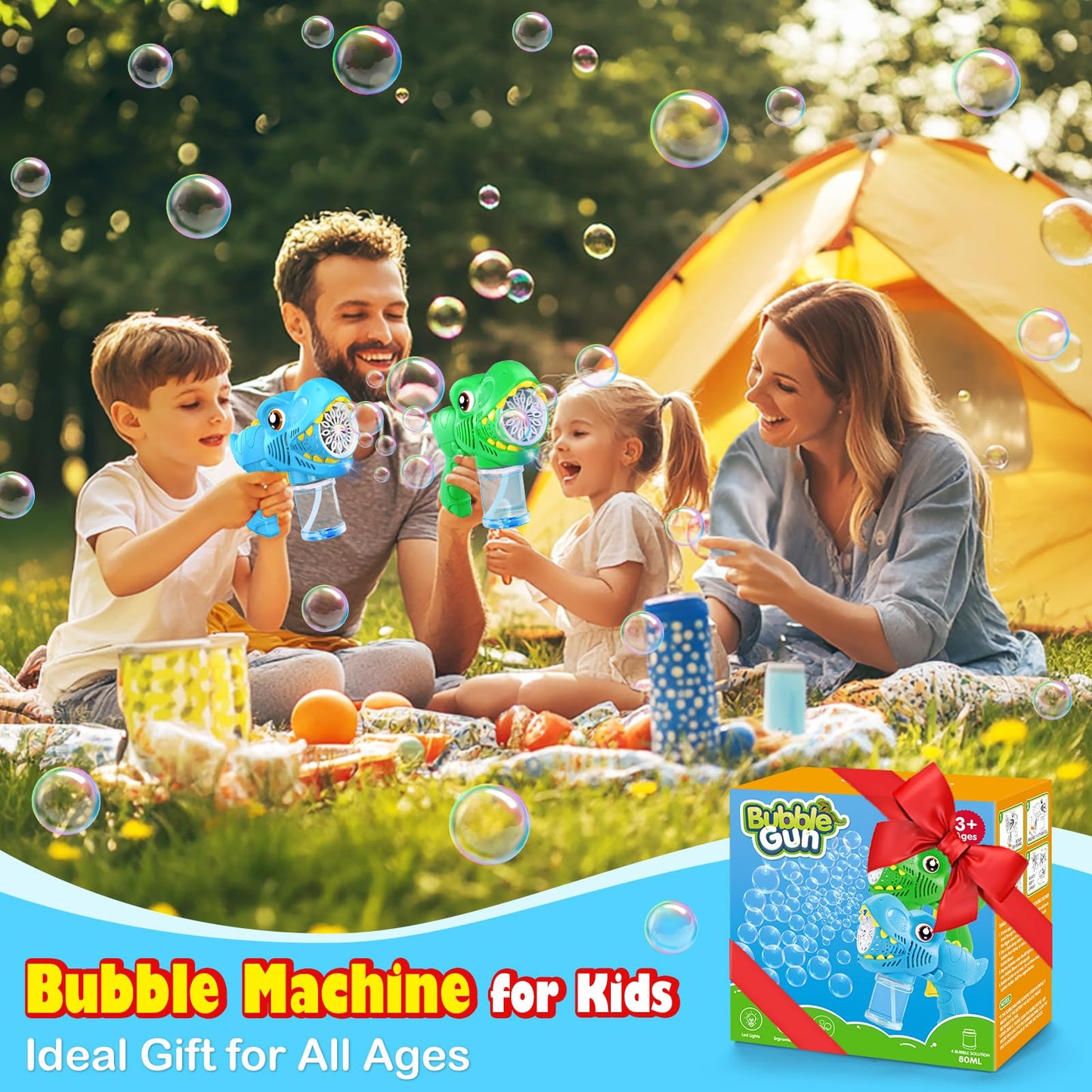 Kids Bubble Gun 2 Pack Dino Bubble Machine Gun for Toddlers with 4 Solutions Outdoor Toys Automatic 13-Hole Bubbles for Kids Blower Maker Easter Basket Stuffers Valentines Gift Party for Boys Girls