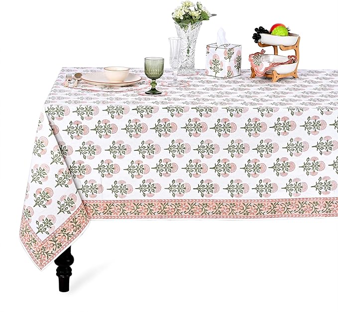 Ridhi Hand Block Print Mughal Buta Peach Rectangle Cotton Tablecloth 108" x 70" Reusable Table Cover Decorative Everyday Use for Dining, Farmhouse, Home Gift for Spring, Easter, Valentine