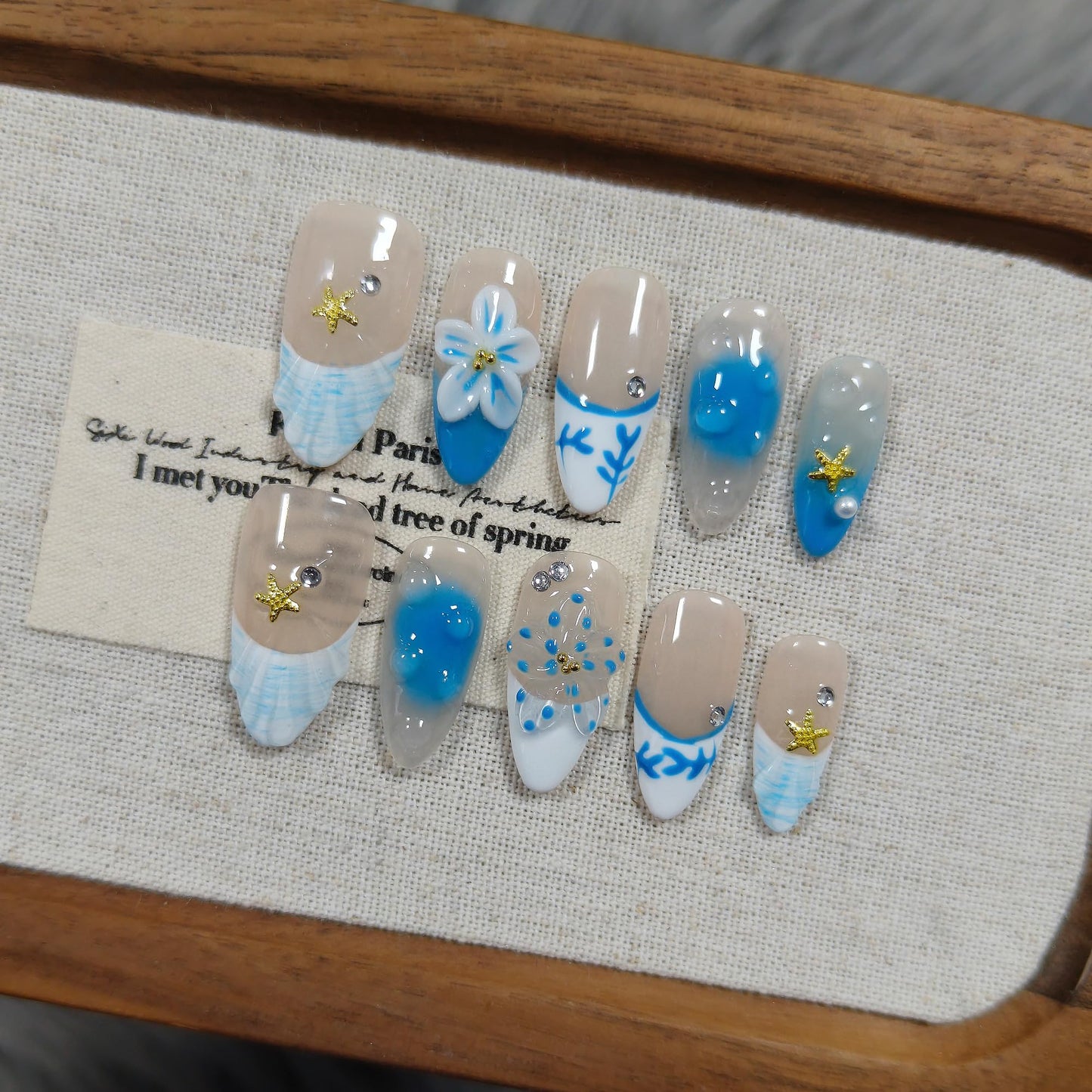 TENPAL Blue French Tips Press on Nails Almond with Shell & Hand Painted, Reusable Icy Glossy False Nails for Summer Beach Vacation | Coastal Watercolor Style(XS)