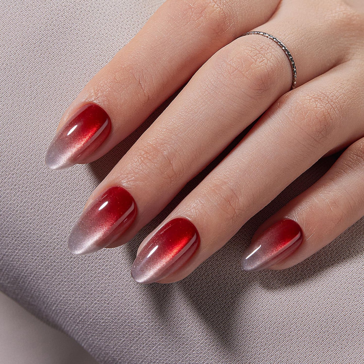 VSALON Press-On Nails Short Almond Red Ombre Cat Eye Fake Nails, 32 PCS in 16 Sizes, Reusable Nail Kit with Long-Lasting UV Glue, Adhesive Tabs & Nail Glue & Nail Lamp