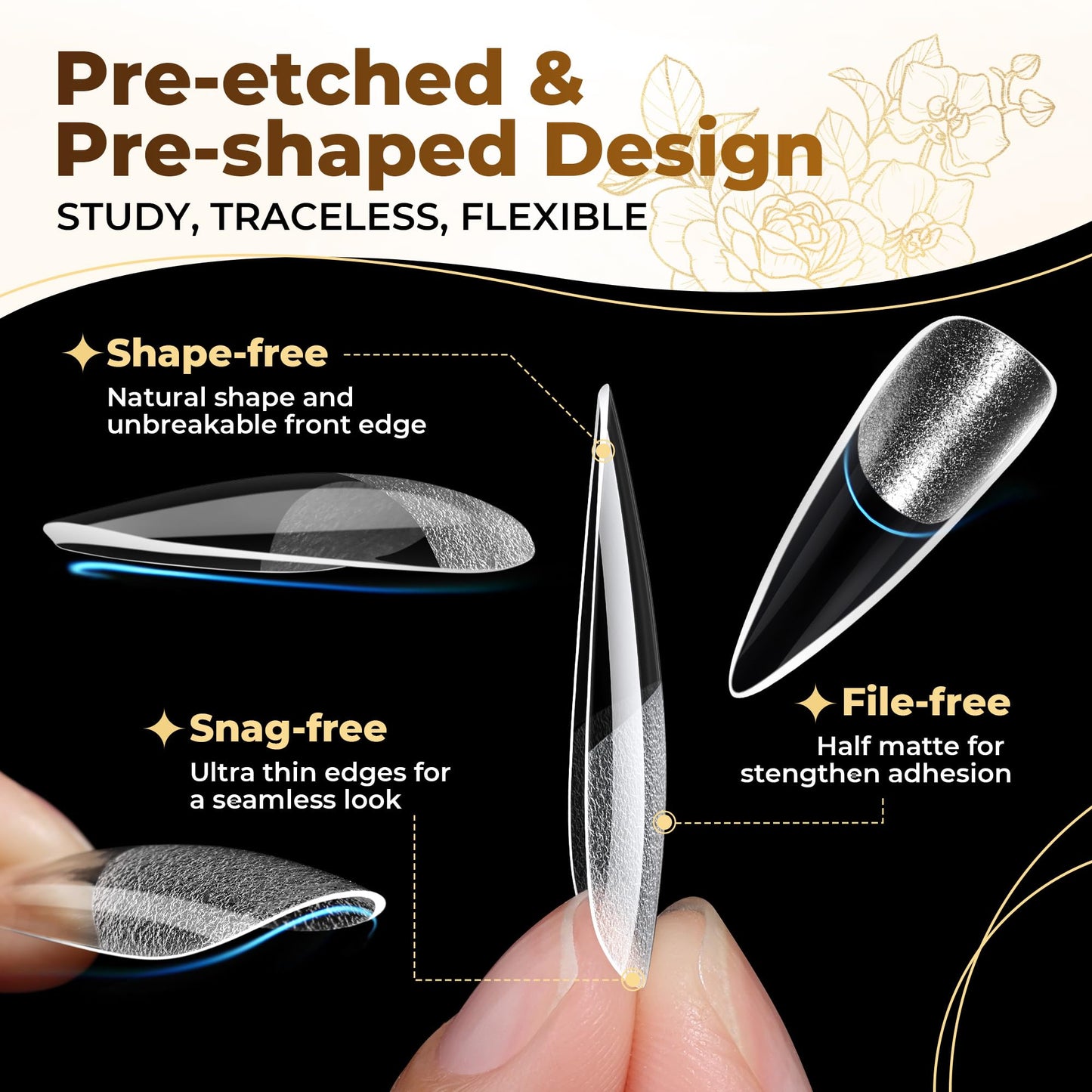 UNA GELLA Long Stiletto Nail Tips 504PCS, Full Cover Pre-Etched Long Stiletto Almond Clear Fake Nails Tips, Sturdy Acrylic Press on Nails, No C Curve Soft Gel Tip for DIY Nail Extension kit 12 Sizes
