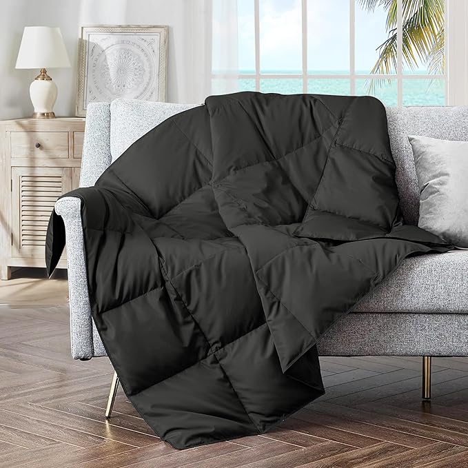 puredown® Soft Feather Down Throw Blanket Lightweight Packable Couch Throw for Indoor and Outdoor Use, 50"X70", Black