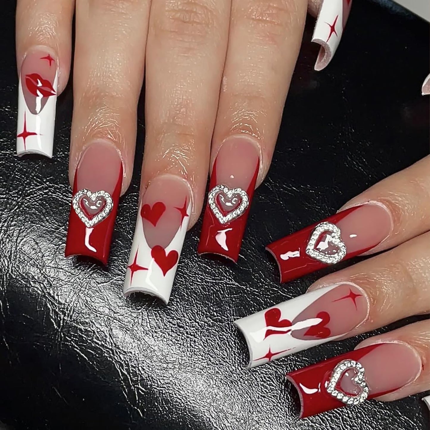 24Pcs Valentine's Day Press on Nails Medium Coffin French Tip Fake Nails with Silver Heart Rhinestones Design Full Cover Artificial Glue on Nails Red Star False Nails White Stick on Nails for Women