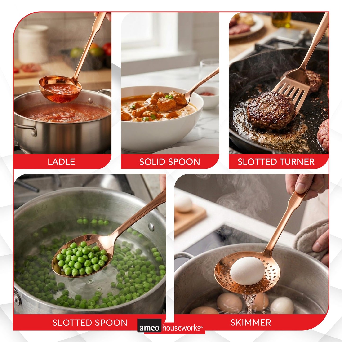 Amco 5-Piece Stainless Steel Cooking Utensil Set, Copper Finish - Includes Kitchen Ladle, Slotted Turner, Skimmer, Solid Spoons - 14" with Hanging Holes for Easy Storage, Durable Kitchen Gadgets