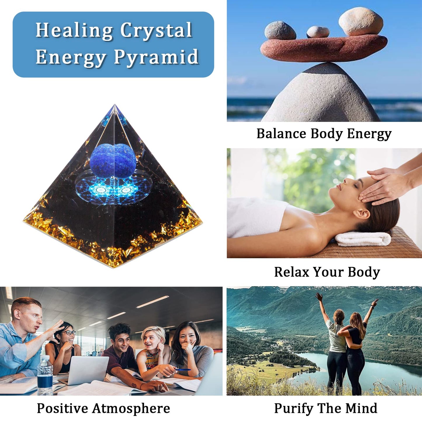Orgone Pyramid, Lapis Lazuli Healing Crystal Pyramid and Orgonite Healing Stones, Protection Crystal Energy Generator for Meditation, Stress Reduce, Yoga