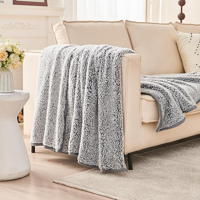 EMME Fuzzy Blanket Soft Fleece Throw Blankets for Women, Fluffy Sherpa Throws(Plush Grey,90"x90")