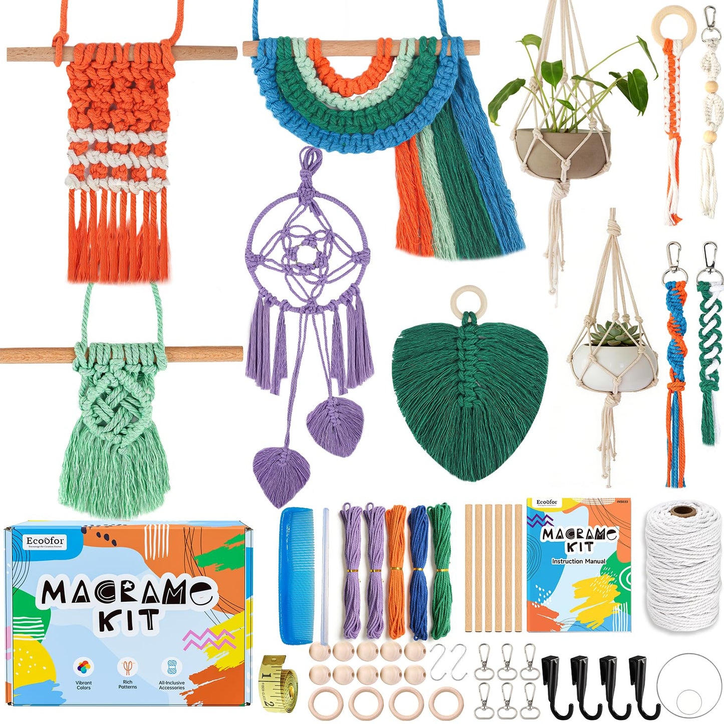 Ecoofor Macrame Kits for Beginners with 366 Feet 3 mm Macrame Cotton Cord, DIY Plant Hanger Kit with Supplies and Instructions, Macrame Beads, Wooden Rings, Dream Catcher Rings
