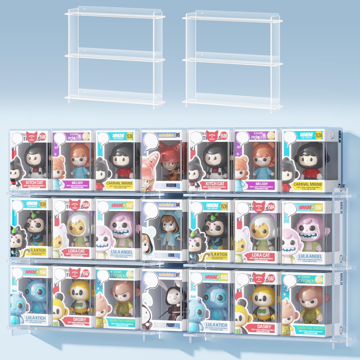 WINKINE Floating Display Shelves Compatible with 21 Funko Pop in Box, Acrylic Shelves for Wall, Clear Figures Display Case for Boxed Characters, Stackable Collectibles Figure Stand, 2 Pack (Clear)