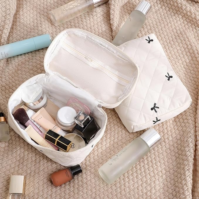 3Pcs Aesthetic Cotton Quilted Drawstring Makeup Bag Set, Aesthetic Cute Bow Makeup Pouch for Girls and Women, Aesthetic Travel Organized Cosmetic Bags for Purse(04Beige Bow)