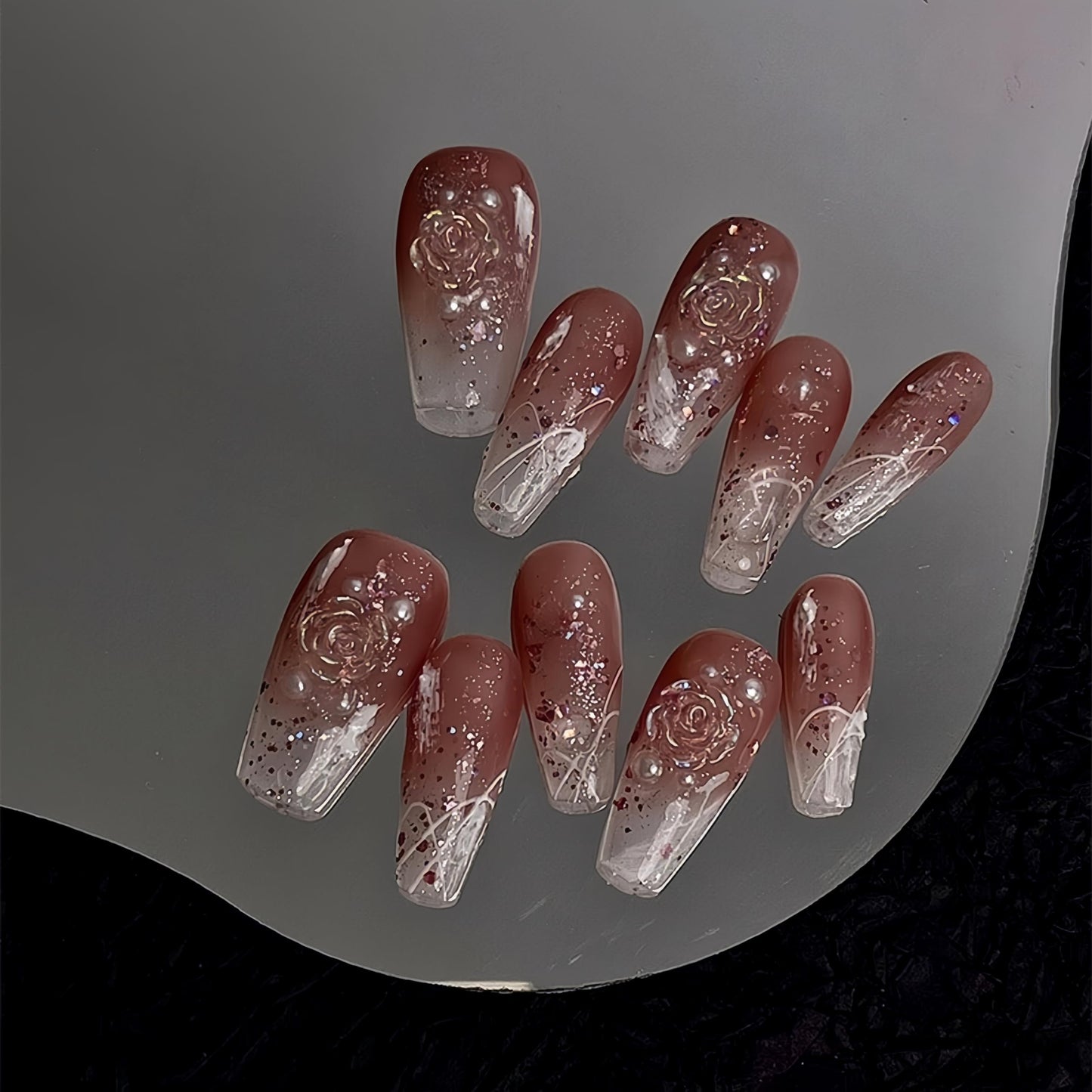 NLSJMP, 10 Nails, Size M, Handmade Long Balerina Press on Nails,Ombre Acrylic Fake Nails Kit,3D Glitter Pearl Design Nail Art Kit,Reusable False nails, Include Toolkit, Camellia