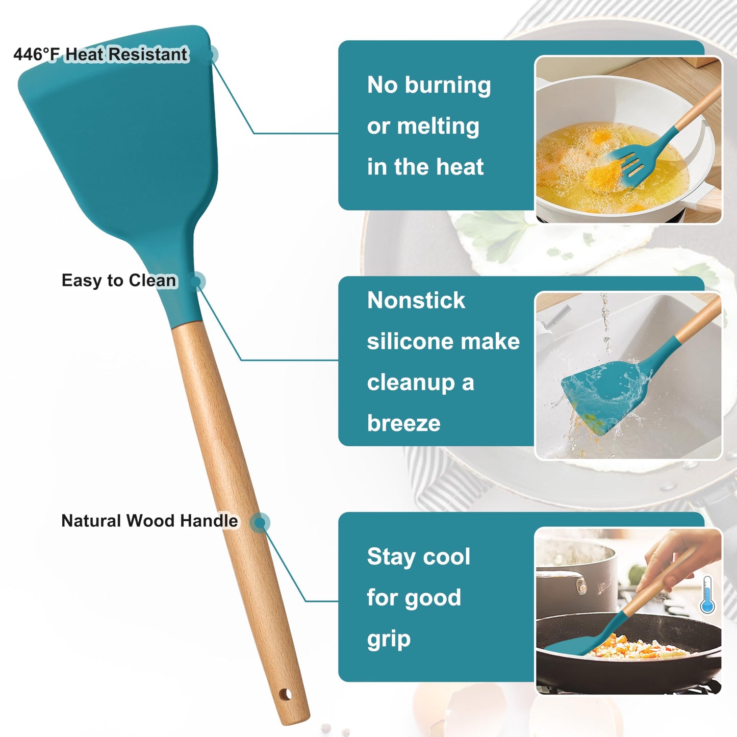E-far Blue Silicone Cooking Utensils Set, 10-Piece Kitchen Utensils Set with Wooden Handle for Nonstick Cookware, Heat Resistant Kitchen Nonstick Tools Spatula Whisk Tongs Ladle, Non-toxic & Healthy