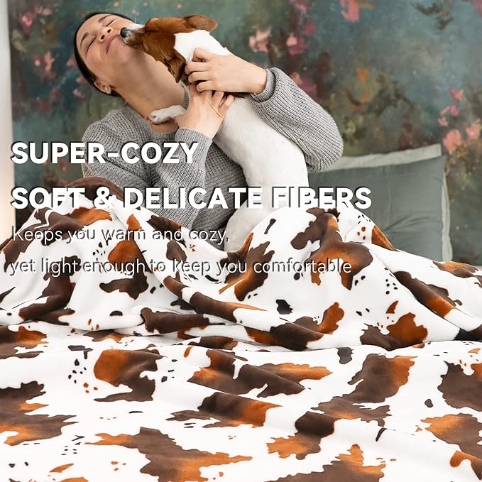 Cow Print Fleece Blanket - Brown White Plush Throw, Lightweight Bed Couch Decor, Cute Cow Gifts for Women, Girls, Teens 50"x60"