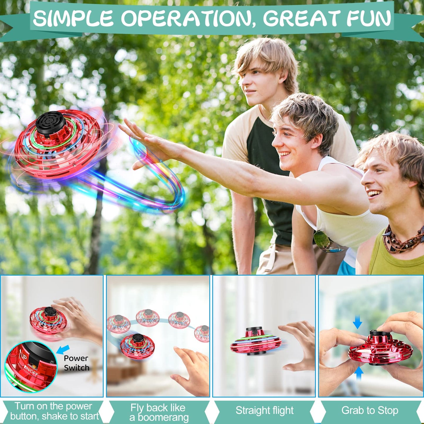 Flying Spinner, FingerToys Magic Flying Spinner, Mini Drones for Kids Adults, Hand Operated Drones Small Sensor Flying Ball Toy with LED Light Indoor Outdoor