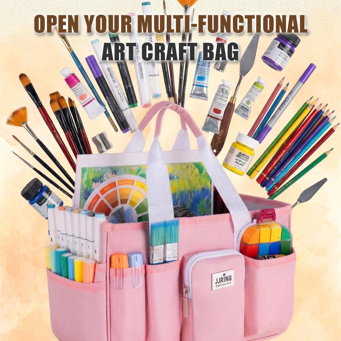 Jjring Craft Organizer Tote Bag, Portable Art Caddy with Adjustable Divider&Secure Zipper Pocket, Large Foldable Storage Tote for Scrapbooking, Sewing, Artist and Home(Pink)