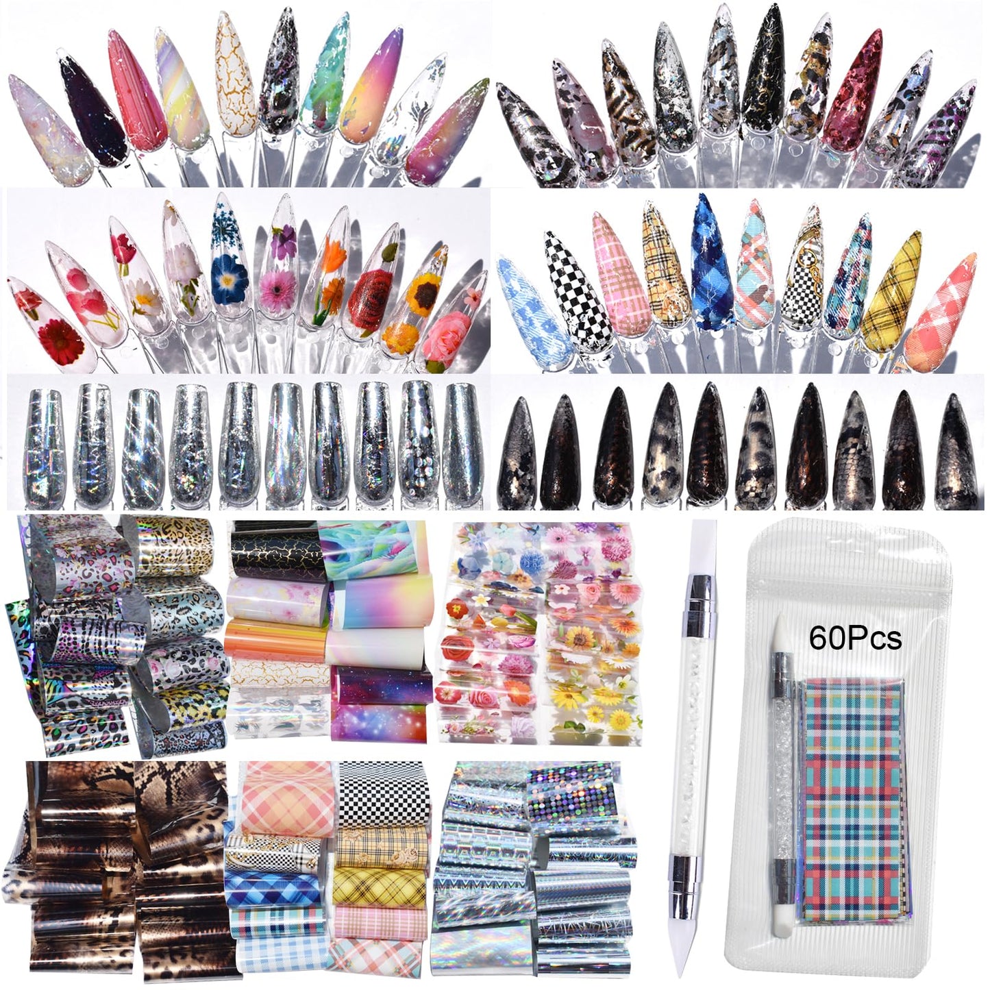 Nail Art Transfer Foils, 60 Pieces, Mixed Designs - Dried Flowers, Iridescent, Animal Print, Marble, Checkered Patterns, 1 Pcs Nail Art Engraving Pen Silicone Pen 7.87 x 1.57 inches(60)