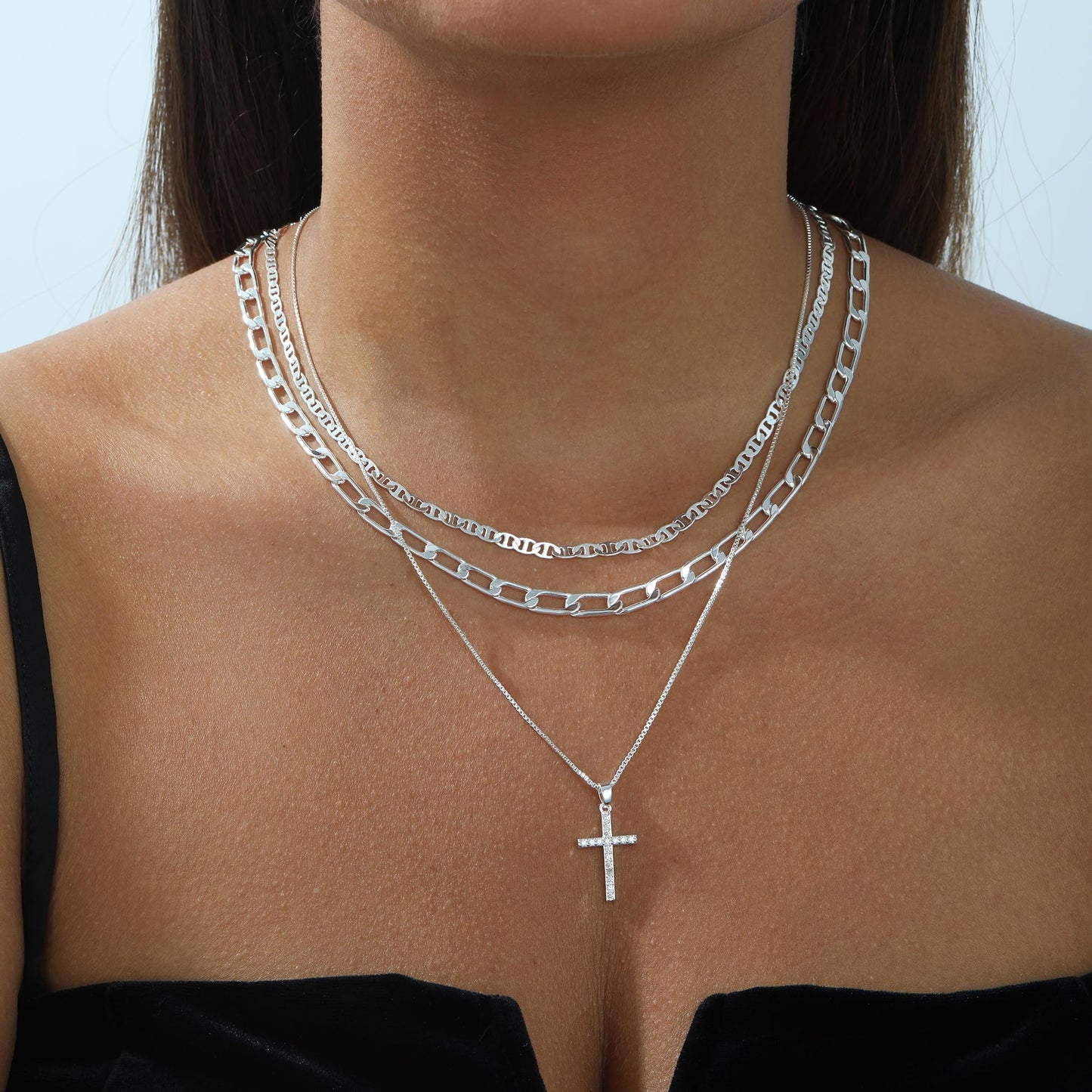 Kyerlyn Silver Necklaces for Women, Sterling Silver Stackable Stack Cross Choker Necklaces for Women Trendy Layering Box Flat Mariner Chain CZ Pendant Chain Set Jewelry Gift
