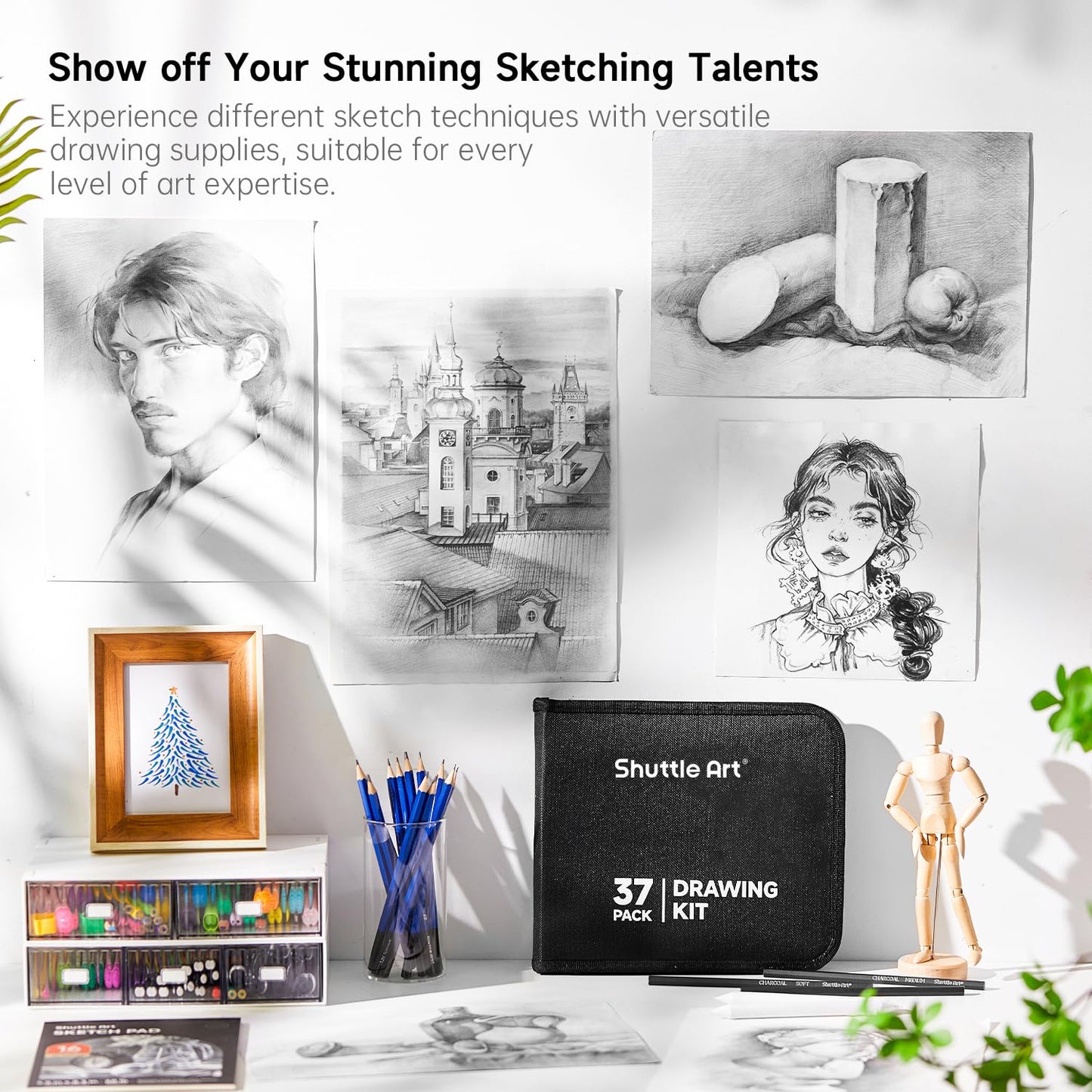 Shuttle Art Sketching and Drawing Pencils Set, 37-Piece Professional Sketch Pencils Set in Zipper Carry Case, Drawing Kit Art Supplies with Graphite Charcoal Sticks Tool Sketch book for Adults Kids