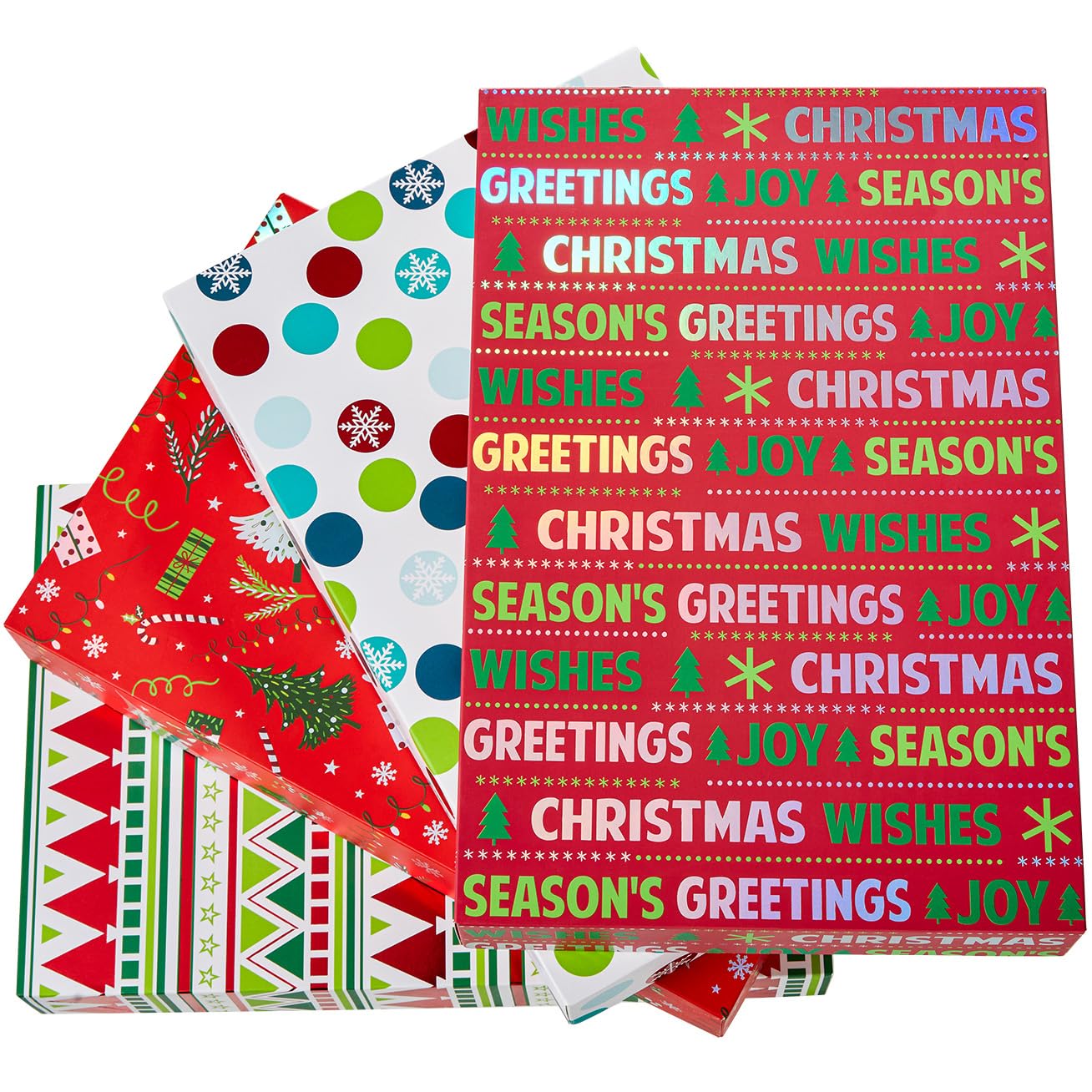 SUNCOLOR Christmas Gift Boxes with Lids For Clothes Presents, 14x9.5x2 Inch, Cardboard, 4 Festive Designs, 12 Pack