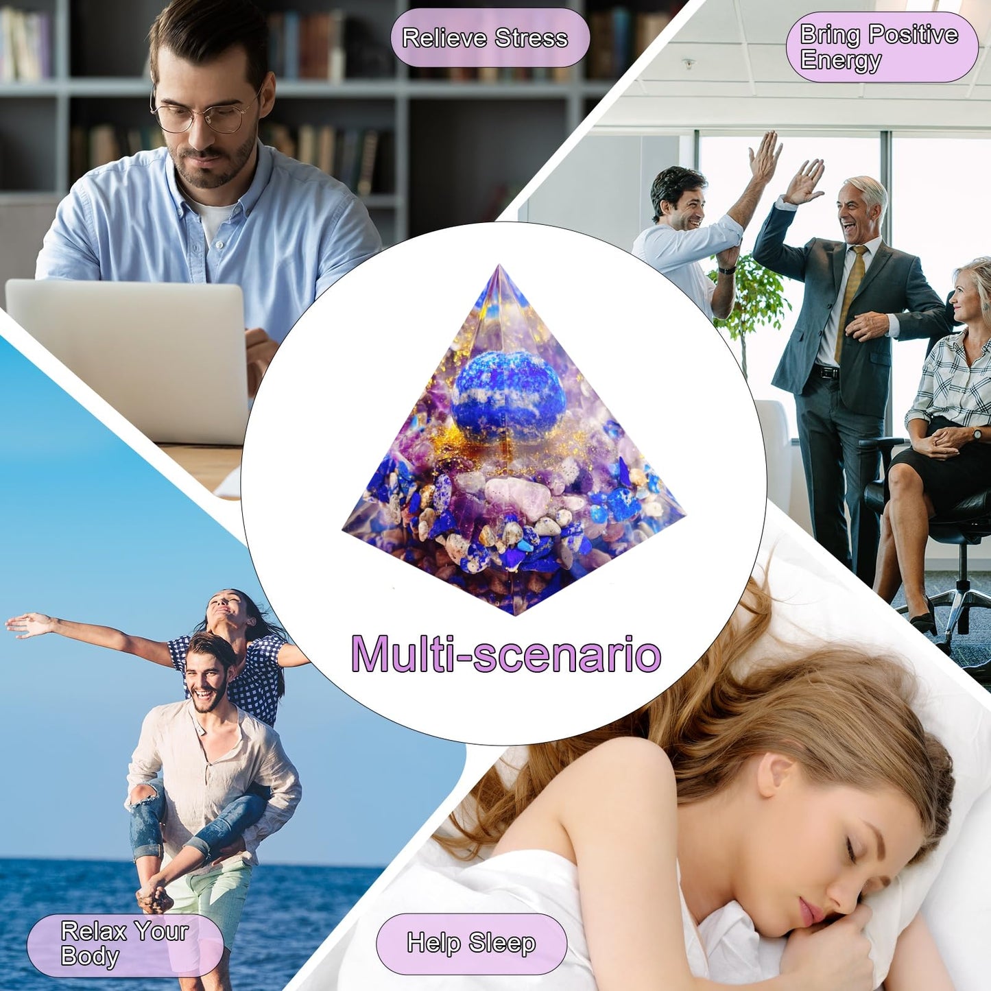 Saefheled Orgone Pyramid Energy Generator,Natural Lapis Lazuli&Amethyst Orgonite Crystal Healing Pyramids for Reduce Stress Chakra Reiki Healing Meditation Attracts Lucky and Success,Wealth Health