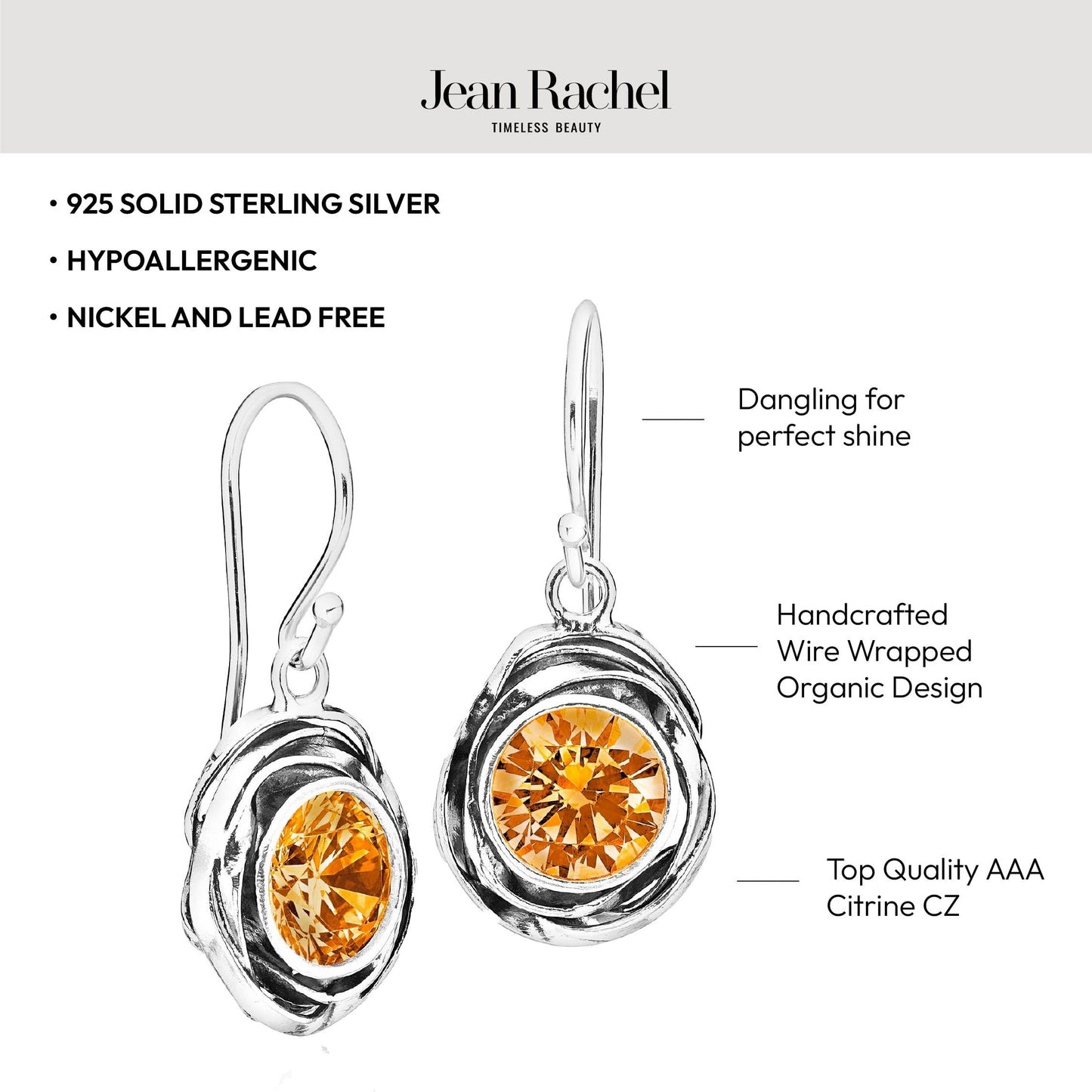 JEAN RACHEL JEWELRY 925 Sterling Silver Dangle Earrings for Women-Wire Wrap with Bezel Set Cubic Zirconia Vintage Design-Hypoallergenic,Lead&Nickel Free-Artisan Handcrafted Statement Earrings,Citrine