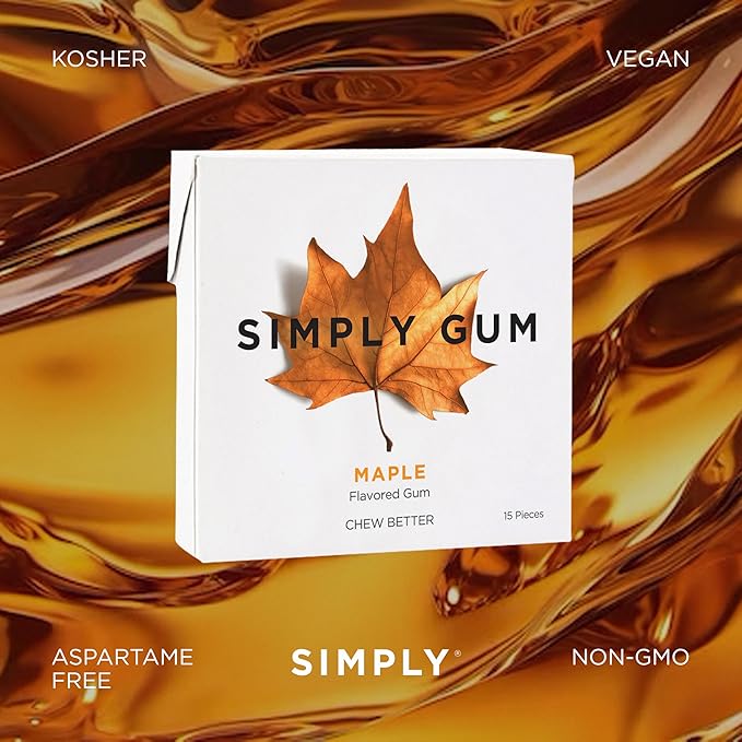 SIMPLY Gum Maple, Plastic-Free Natural Chewing Gum, 6 Pack (90 Pieces) | Vegan, Kosher, Non GMO, Aspartame Free and Sorbitol Free