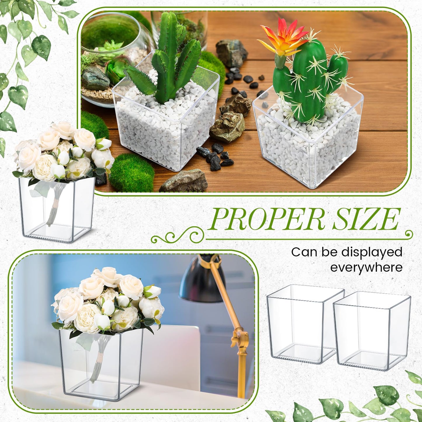 Tioncy 12 Pcs Clear Square Vase 5'' x 5'' Acrylic Flower Plastic Vases for Centerpieces Acrylic Cube Plastic Container Bulk Succulent Pots Planters for Plant Wedding Home Office Floral Decor