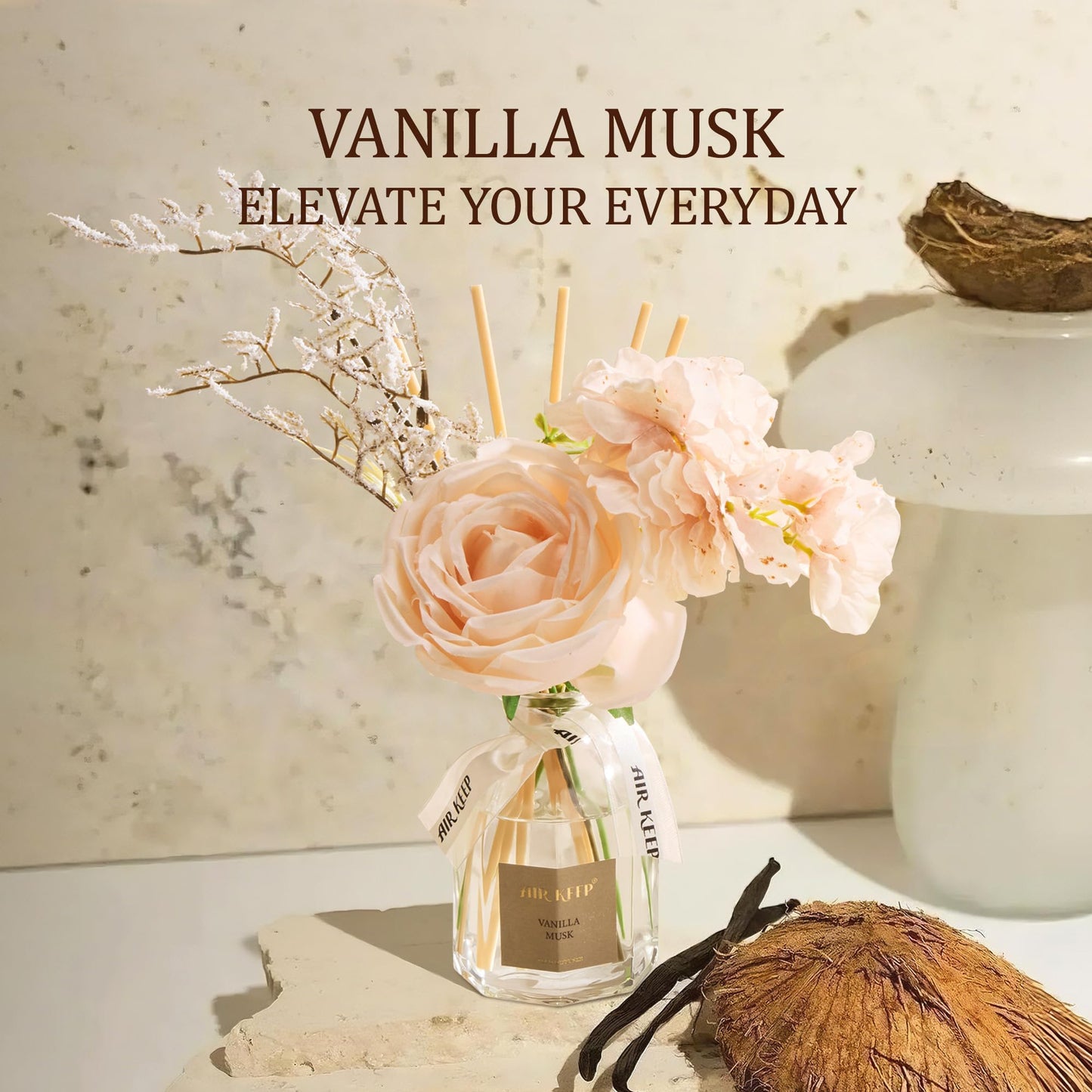 Airkeep Flower Reed Diffuser Set, Vanilla Musk Diffuser Gift Set,4.06 fl oz Essential Oil Sticks Diffusers for Bathroom Air Freshener, Aromatherapy Home Fragrance for Shelf Decor, Gift for Women Mom