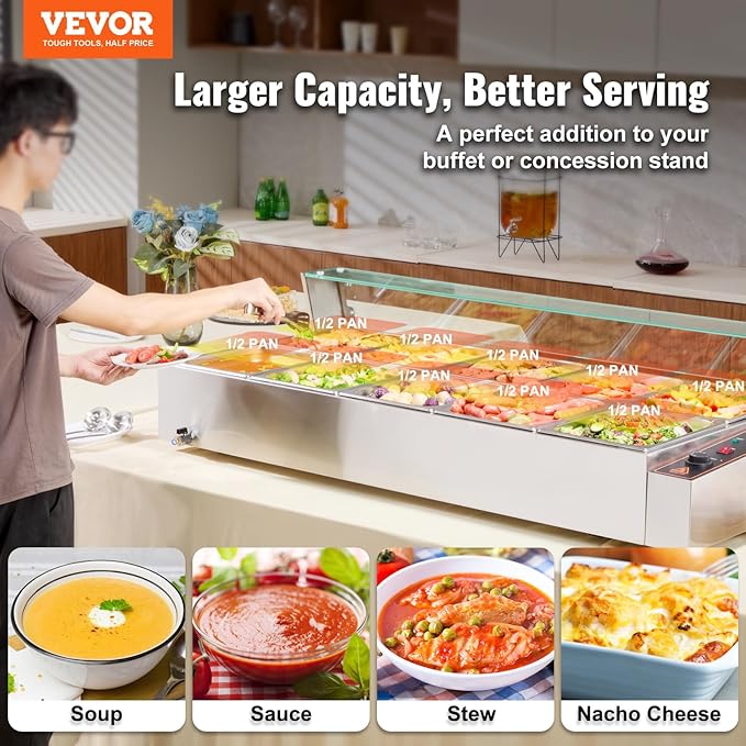 VEVOR 10-Pan Commercial Food Warmer, 10 x 12QT Electric Steam Table with Glass Cover, 3200W Countertop Stainless Steel Buffet Bain Marie w/Thermometer 86-185°F Temp Control for Catering, Restaurants