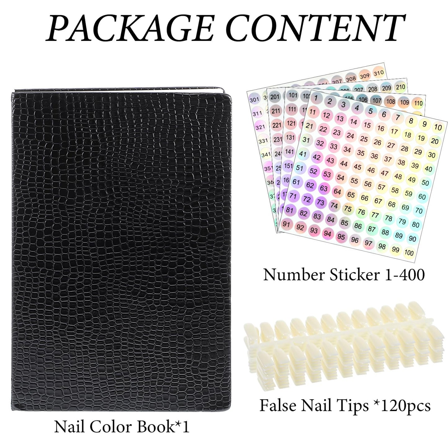 Professional 308 Nail Color Chart Book with 120 Pcs False Nails and 1-400 Number Labels, Gel Polish Display Card for Nail Art Salon Swatches and Practice Design, Black