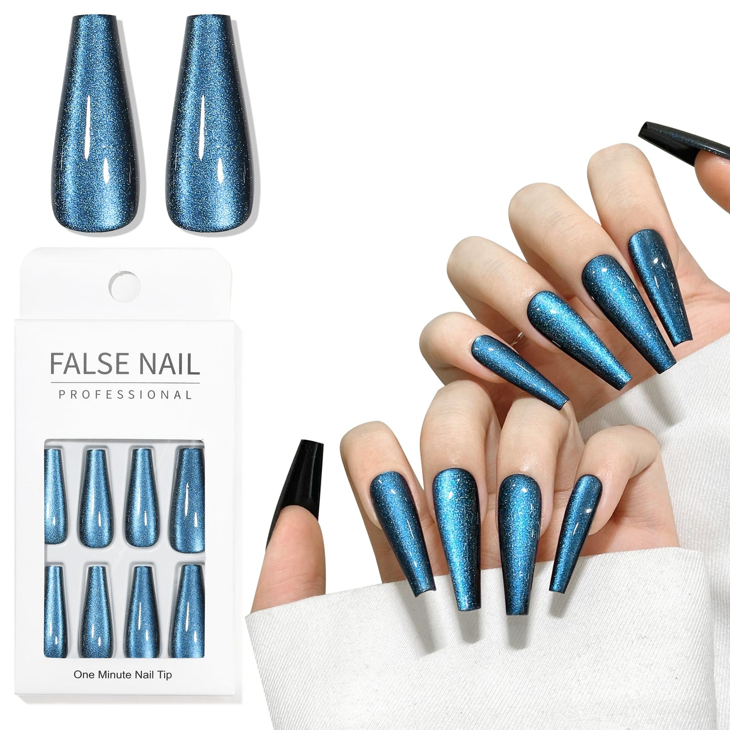 Blue Cat Eyes Press On Nails,12 Sizes - 24 Pcs Soft Gel Blue Long Coffin Fake Nails Kit with Nail Glue, Natural Reusable Stick On False Nails for Women and Girls SK1040