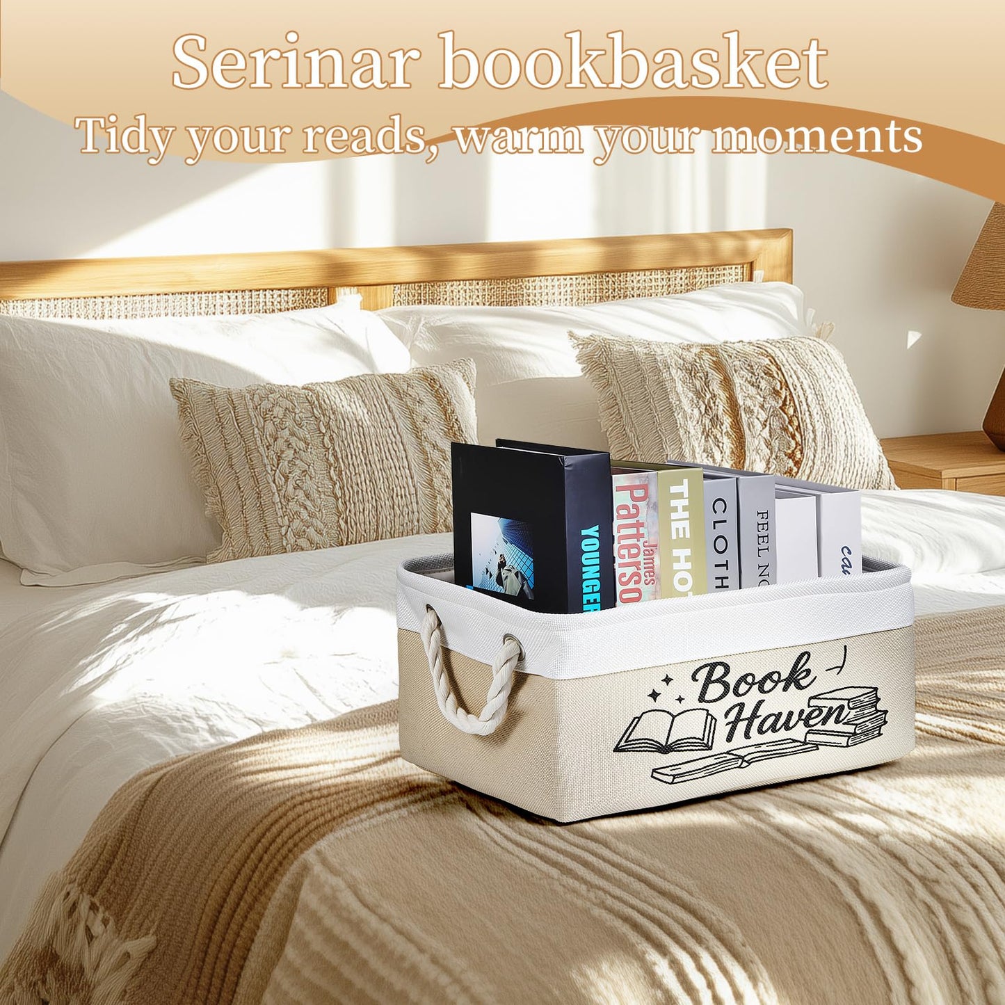 serinar Book Storage Basket for Book Lovers, Reading List Organizer Bin, Bookworm Gift, Book Accessories for Students, Teachers, and Book Club Members
