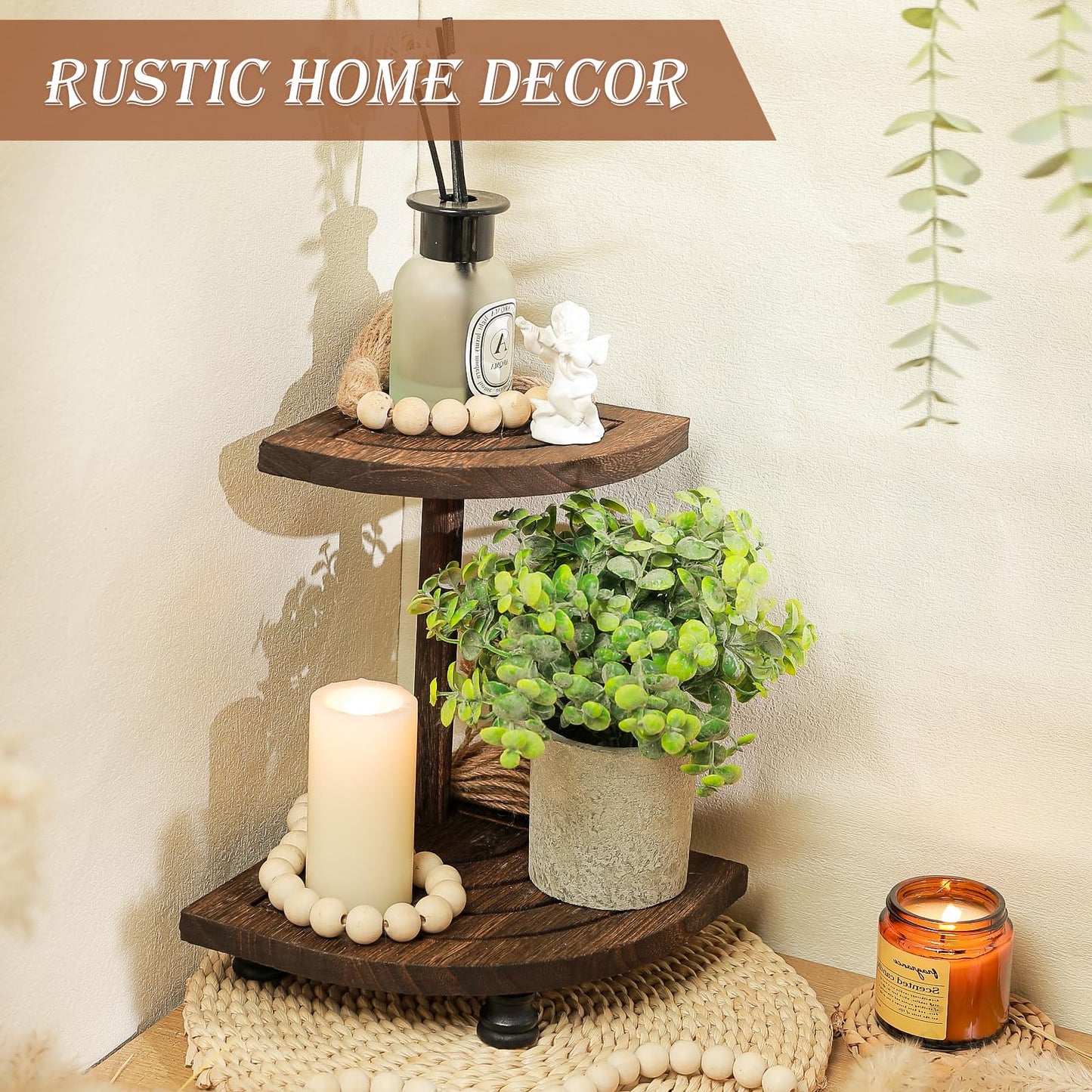 Tikea Decorative Wood Riser for Display, 2-Tier Rustic Corner Shelf for Kitchen Bathroom Counter Decor, Farmhouse Riser for Soap Dispenser and Plant (Brown)