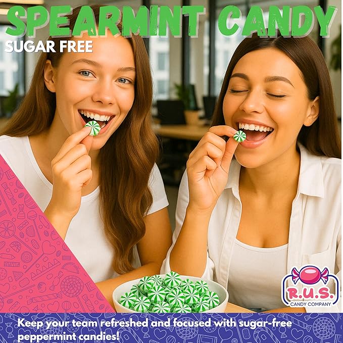 Sugar Free Spearmint Hard Candy – About 225 Individually Wrapped Breath Mints – Bulk 3 Pound Bag – Refreshing Mint Flavor – Ideal for Diabetics and Health Conscious Individuals (3 Pound, Spearmint)