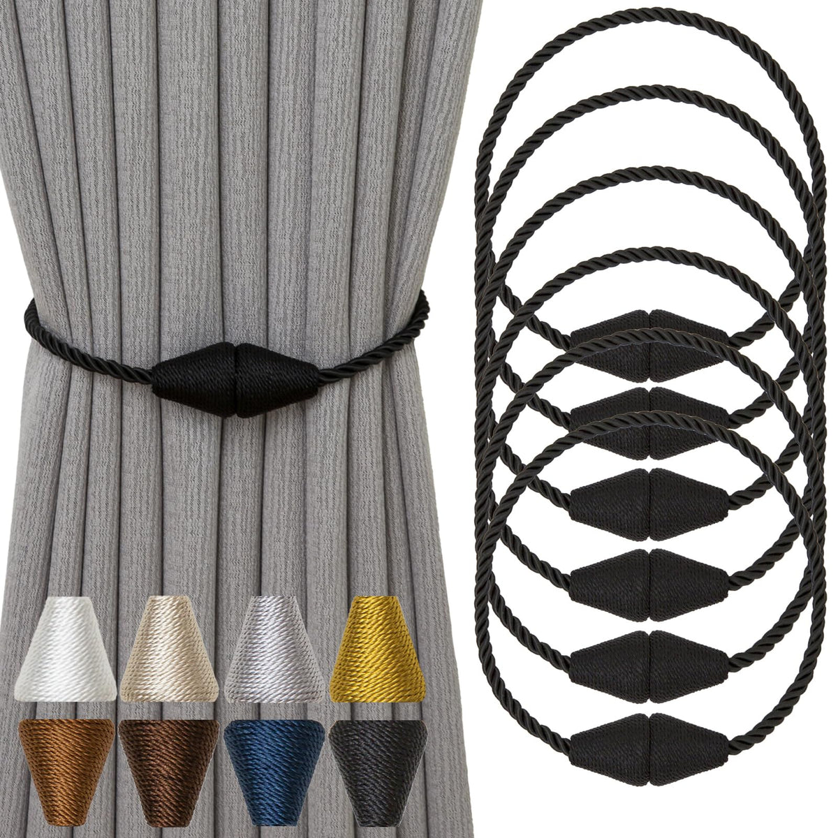 Magnetic Curtain Tiebacks 6 Pack Outdoor Rope Curtain Tie Backs Decorative Window Treatment Holdbacks for Home Decorative Curtain (6 Count)