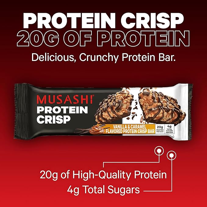 MUSASHI Protein Crisp Bar, 20g Protein, 4g Total Sugars, Vanilla & Caramel, Post Workout and Snack On The Go, 12 Pack of 2.1oz (60g) Bars