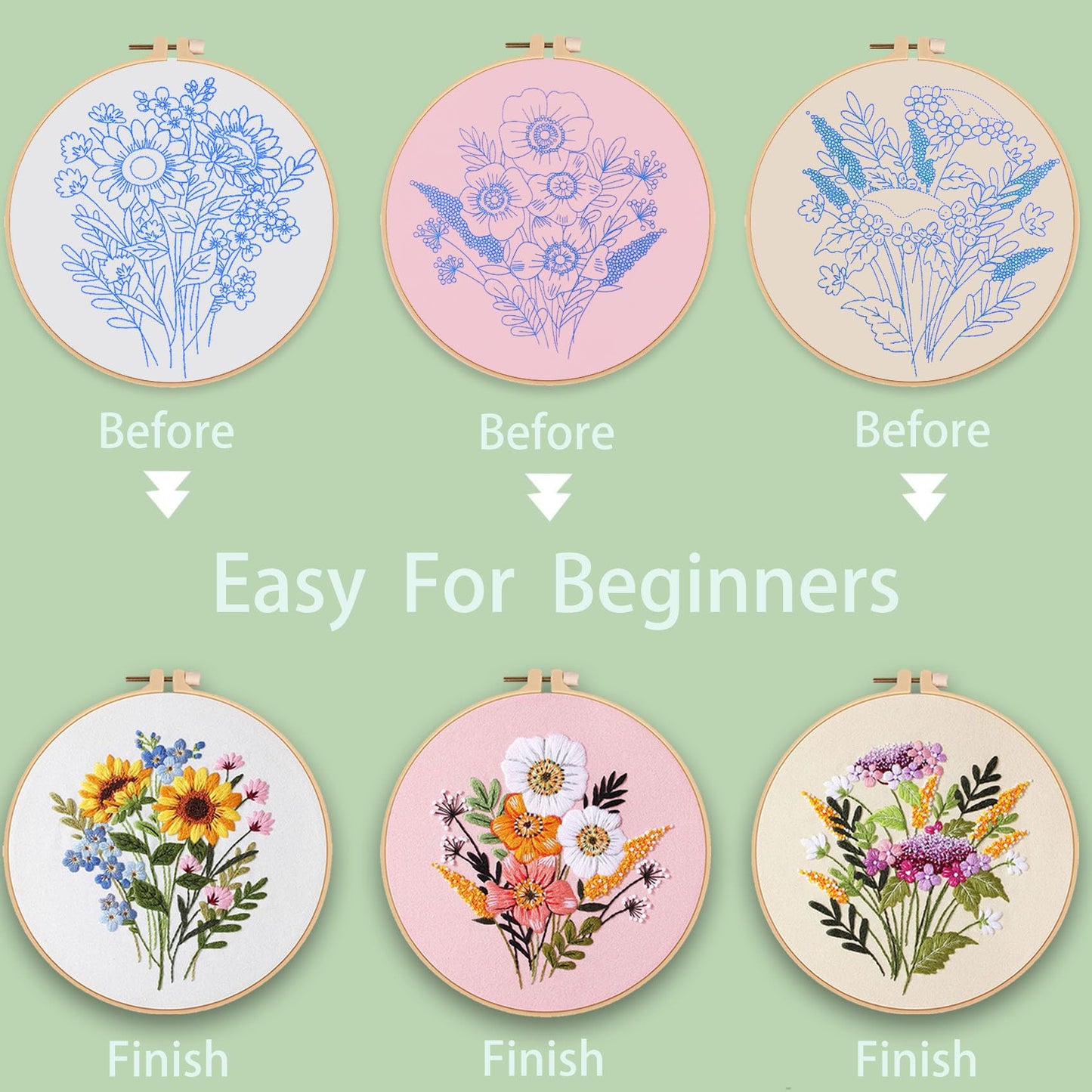 Ohcol 3 Sets Embroidery Kit for Beginners Cross Stitch Kits Needlepoint Kits Crafts for Adults with 3 Embroidery Hoops Easy-to-Follow Operating Instructions,Needle Point Kits with Flowers Patterns